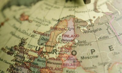 Detailed close-up image of a globe focusing on Northern Europe, featuring country labels and borders.