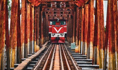 train, railway, iron bridge, red, rusty, old, retro, locomotive, railroad, rail