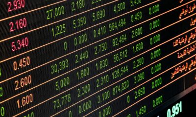 Detailed view of a stock market screen showing numbers and data, symbolizing financial trading.