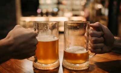 Close-up of two hands clinking beer mugs in a cozy bar atmosphere.
