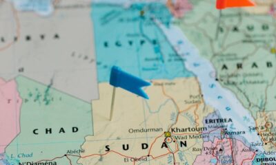 Detailed map of Africa with pushpins marking locations, focusing on Sudan.