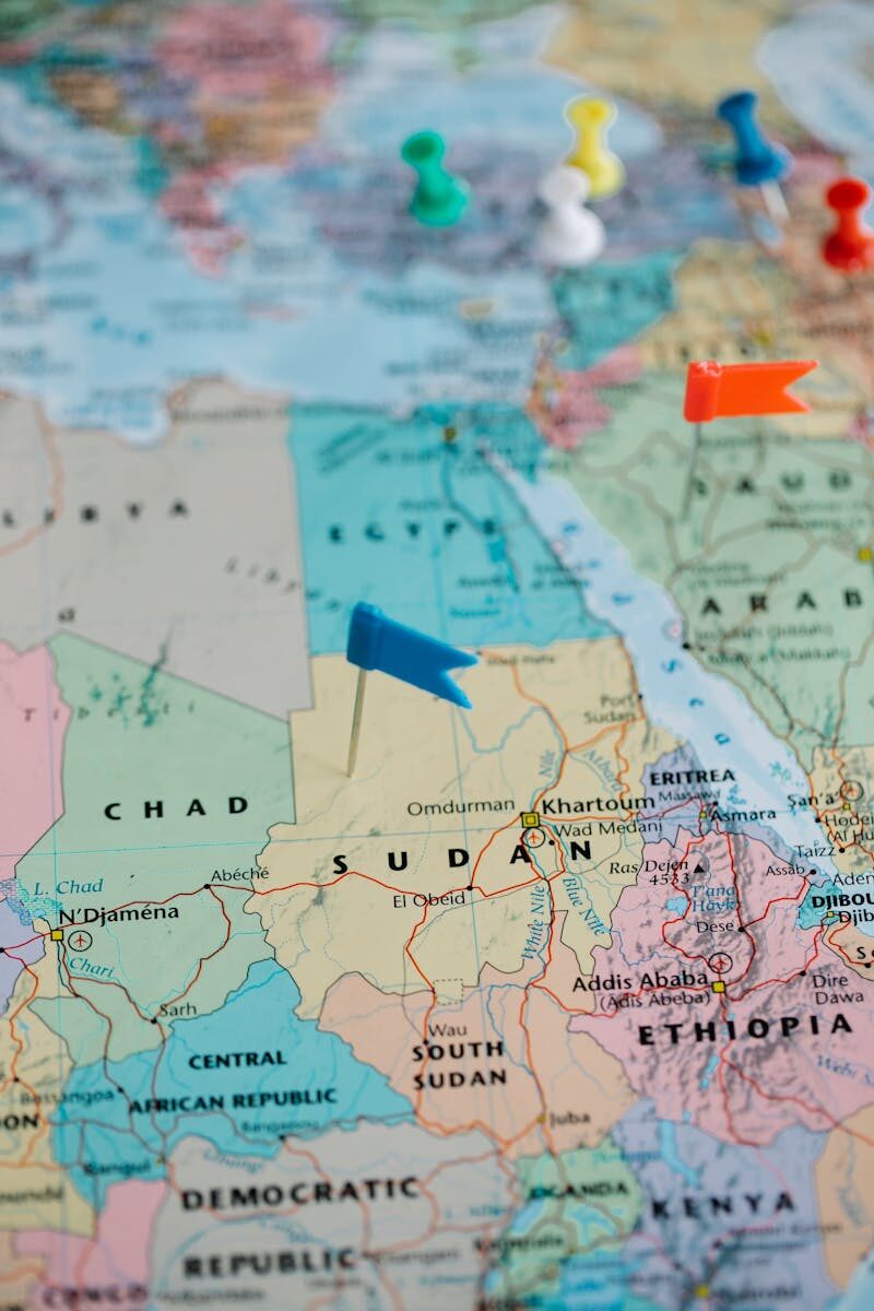 Detailed map of Africa with pushpins marking locations, focusing on Sudan.