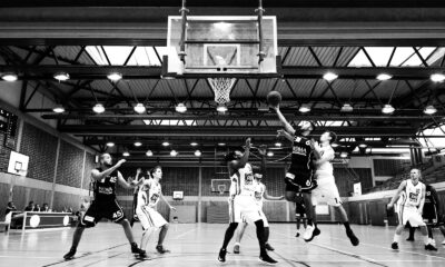 grayscale basketball players