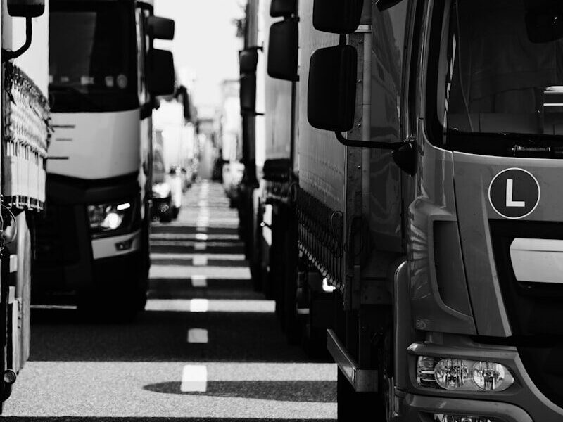 grayscale photo of cars on road