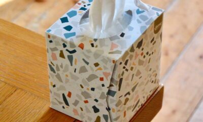 white and blue floral tissue box