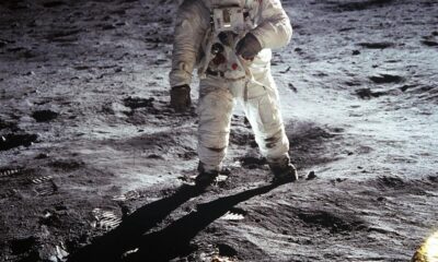 Historic image of an astronaut on the moon during the Apollo mission, showcasing space exploration.