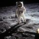 Historic image of an astronaut on the moon during the Apollo mission, showcasing space exploration.
