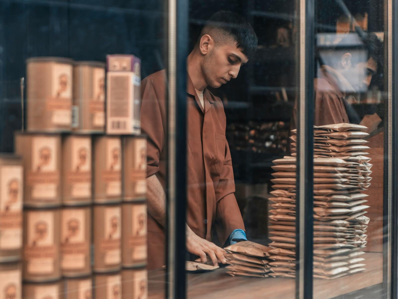 A man packing goods behind a glass window, showcasing a work environment with reflections and stacked items.
