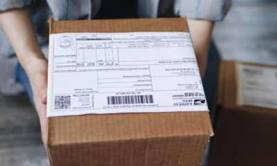 Close-up of a person holding a cardboard box with shipping labels, ideal for delivery logistics visuals.