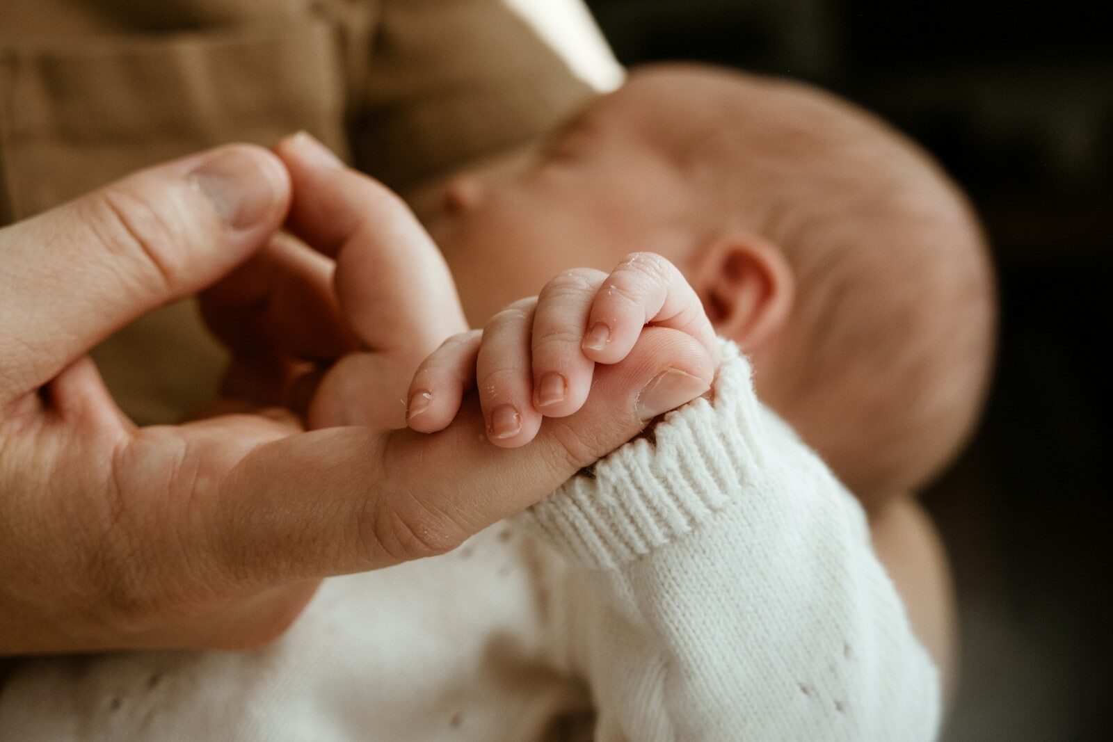 Adult hand holding a newborn baby's hand
