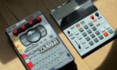 Two electronic music production devices on wooden floor.