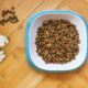 A dog's paws beside a kibble-filled bowl on a wooden floor, shot from above.