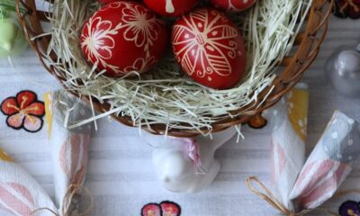 red and white baubles on brown woven basket