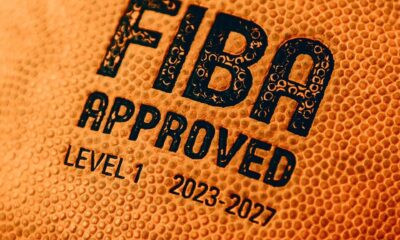 Close-up of a basketball with fiba approval.