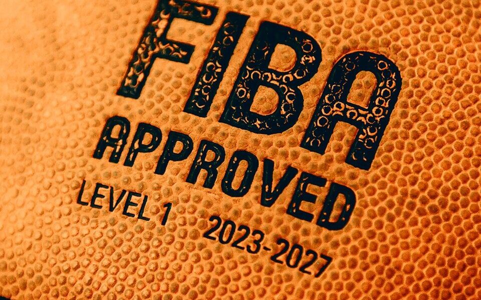 Close-up of a basketball with fiba approval.