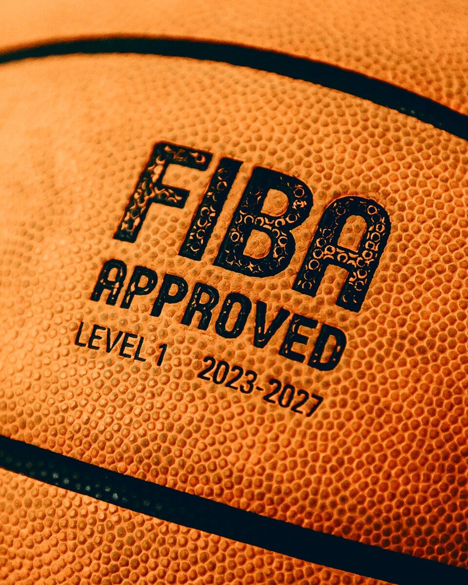 Close-up of a basketball with fiba approval.