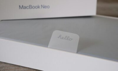 Macbook neo box with a hello sticker