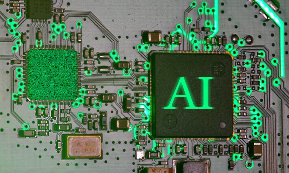 Glowing ai chip on a circuit board.