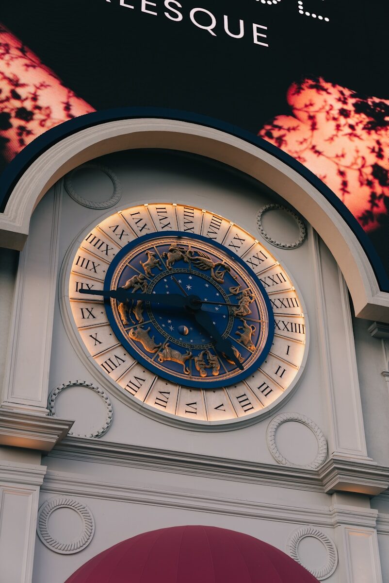 Ornate clock face with roman numerals and zodiac symbols
