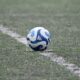 Close-up of a blue and white soccer ball resting on a lined green turf field.