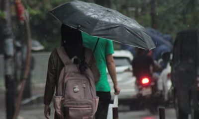 Person walking on a wet street under an umbrella during a rainy day, capturing urban life.
