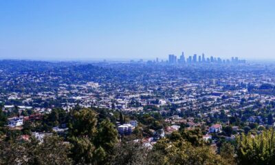 Captivating view of Los Angeles skyline under clear blue skies from a scenic overlook.