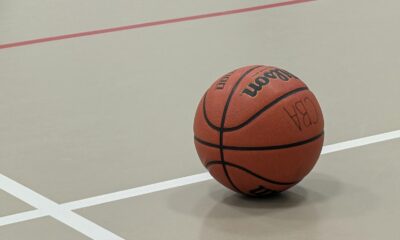 Close-up of a basketball resting on an indoor court in Nova Scotia.