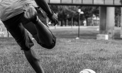 soccer, sports, black, white, goal kick, ball, danube island, bridge, people, black-and-white, masculine, young, man, person