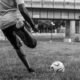 soccer, sports, black, white, goal kick, ball, danube island, bridge, people, black-and-white, masculine, young, man, person