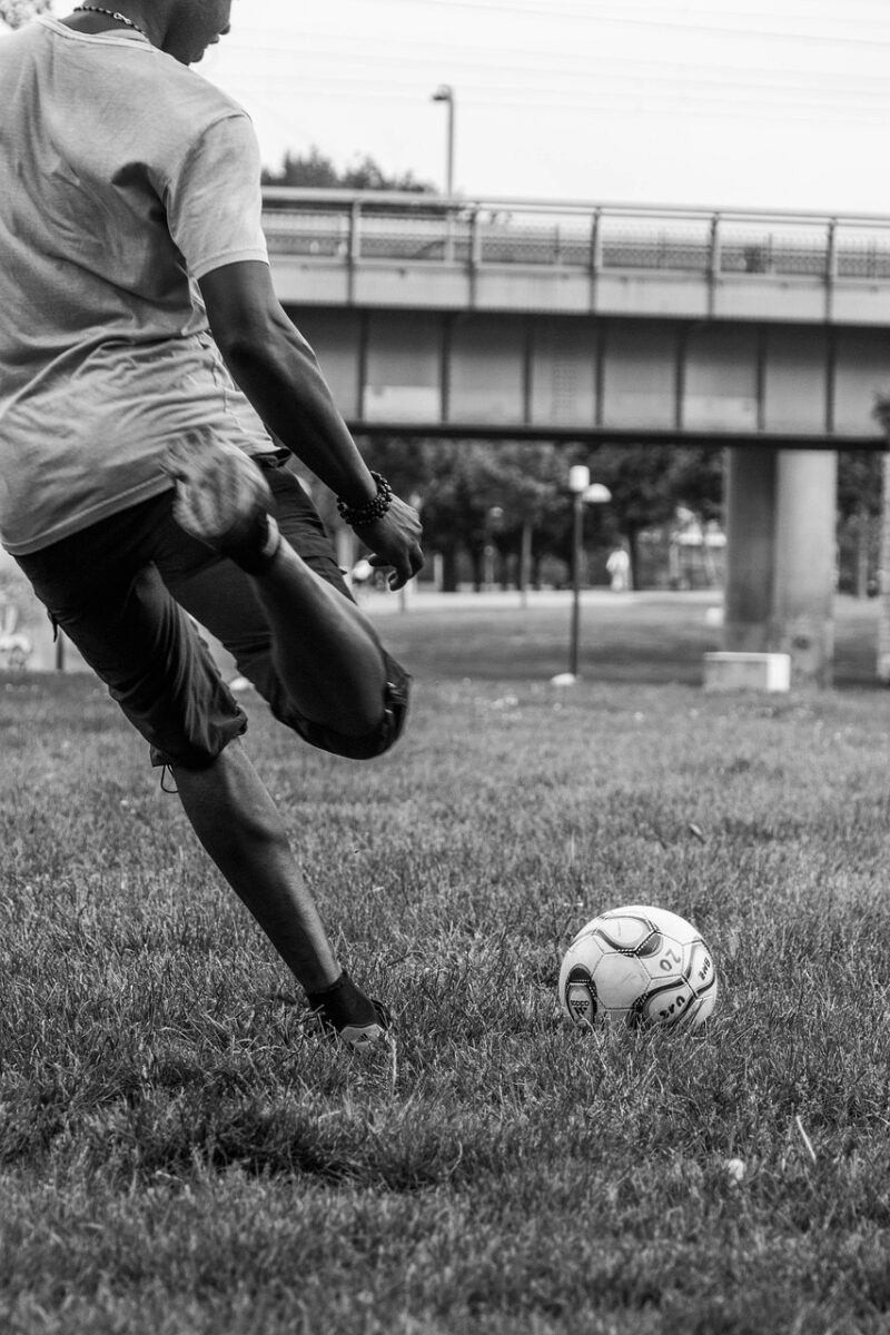 soccer, sports, black, white, goal kick, ball, danube island, bridge, people, black-and-white, masculine, young, man, person
