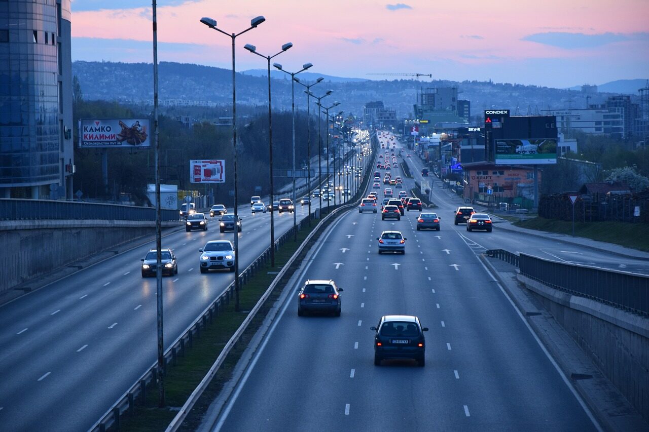 highway, city, cars, traffic, road, urban traffic, nature, urban, twilight, sunset, dusk