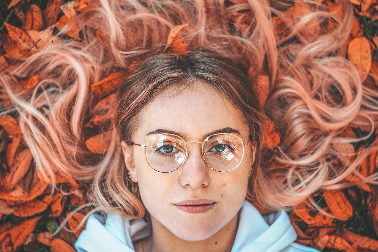 autumn, glasses, women, leaves, bright, nature, mood, brown glasses