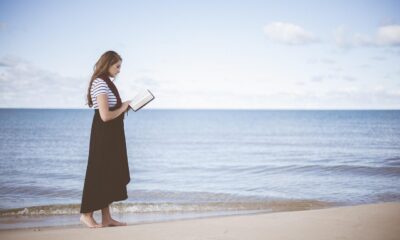 beach, girl, nature, reading, ocean, sand, sea, seashore, water, woman, book, reading a book, reading girl, walk, walking, leisure, relax