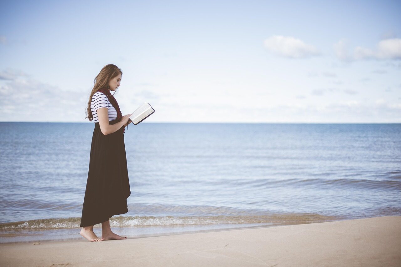 beach, girl, nature, reading, ocean, sand, sea, seashore, water, woman, book, reading a book, reading girl, walk, walking, leisure, relax