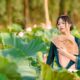 woman, nature, model, flower background, flowers, lotus flowers, beautiful flowers, fan, pond, flower wallpaper, bloom, style