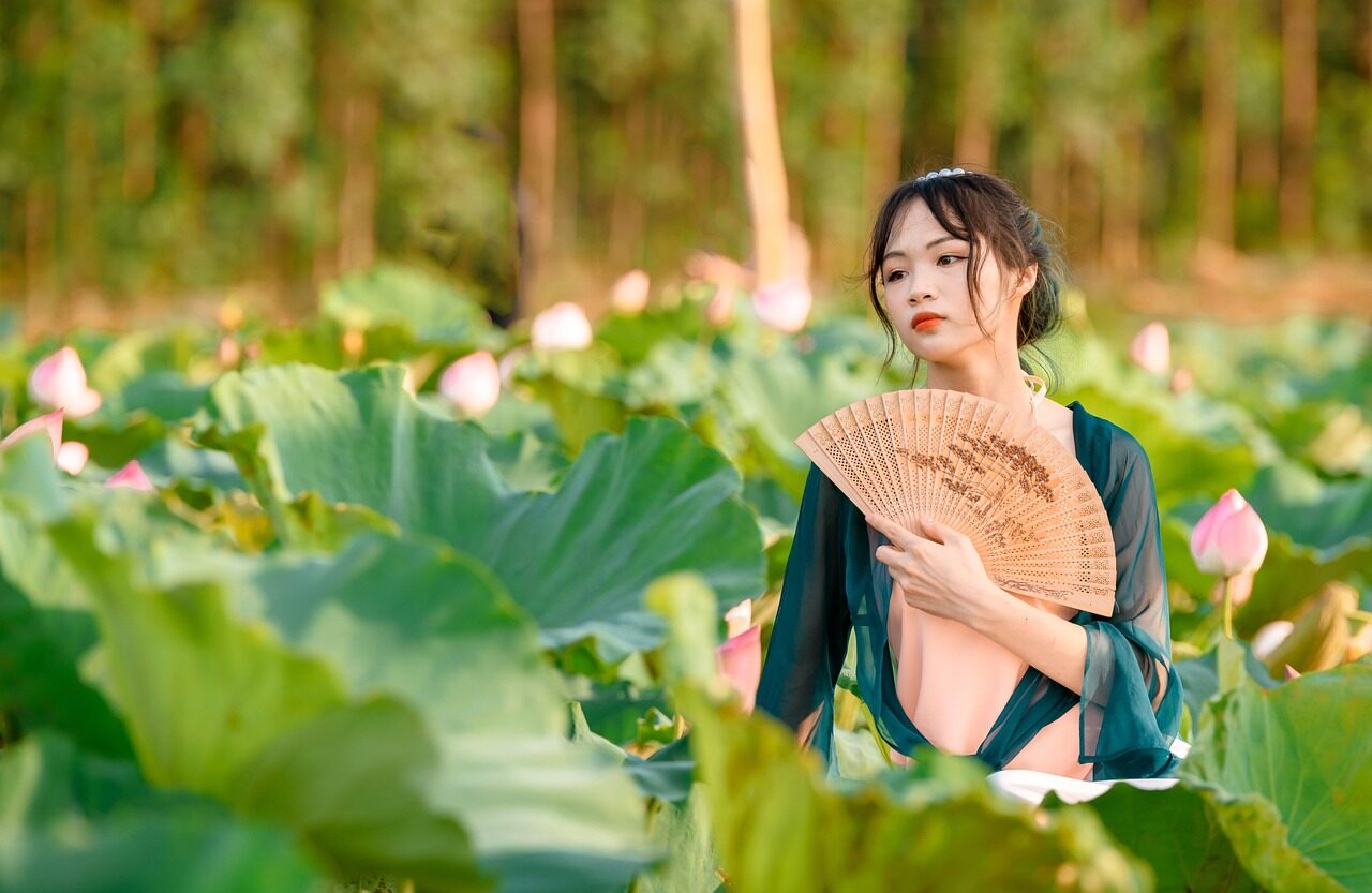 woman, nature, model, flower background, flowers, lotus flowers, beautiful flowers, fan, pond, flower wallpaper, bloom, style