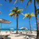 Idyllic beach scene with palm trees and sun loungers under clear blue sky, perfect for relaxation.