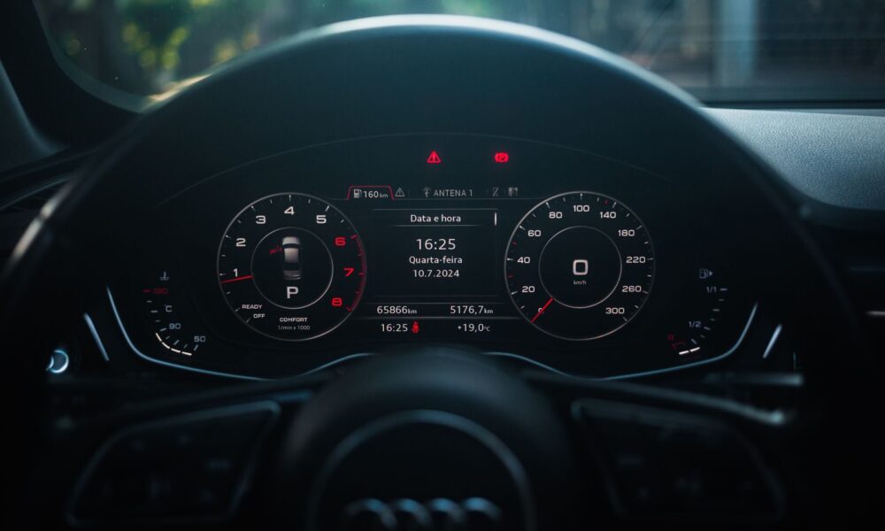 Dynamic shot of a modern car dashboard featuring a digital display and sleek design.