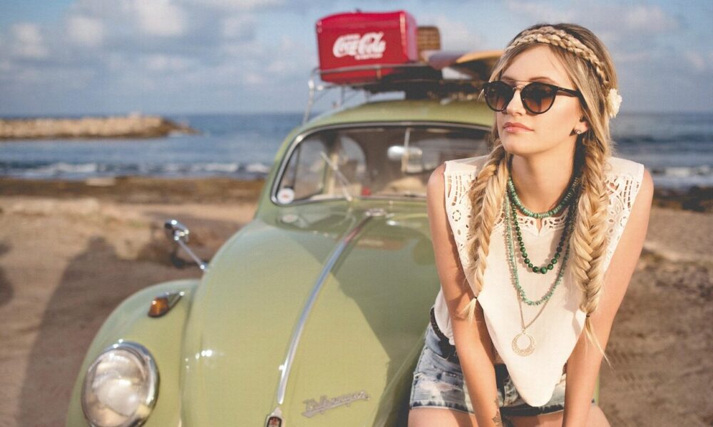 woman, fashion, model, hippie, braided hair, hairstyle, blonde, blonde woman, young woman, style, nature, shades, sunglasses, beach, beetle, classic car, girl, ocean, outdoors, person, sand, sea, seashore, summer, volkswagen