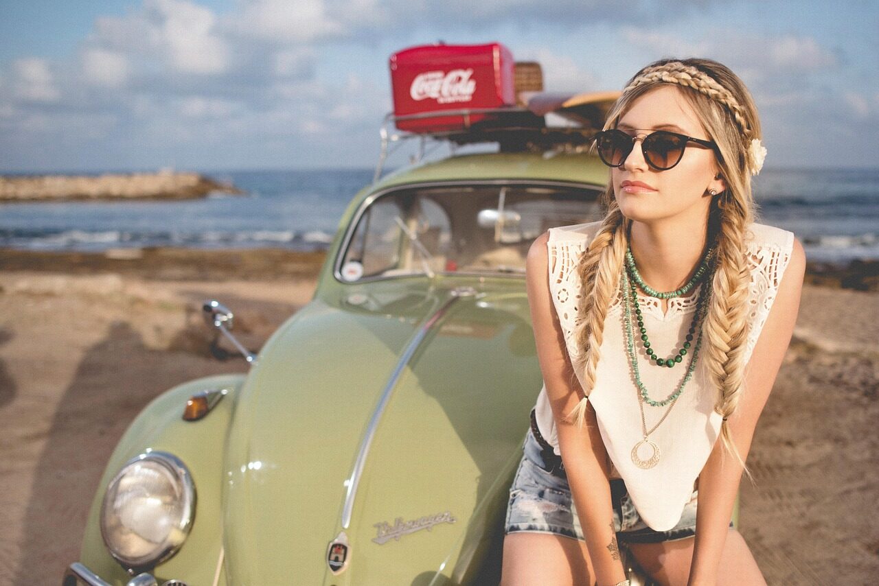 woman, fashion, model, hippie, braided hair, hairstyle, blonde, blonde woman, young woman, style, nature, shades, sunglasses, beach, beetle, classic car, girl, ocean, outdoors, person, sand, sea, seashore, summer, volkswagen