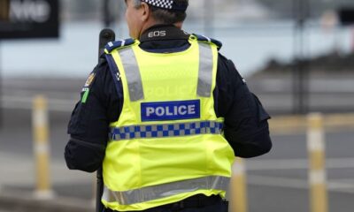 Back view of a police officer walking along a city street, ensuring safety.