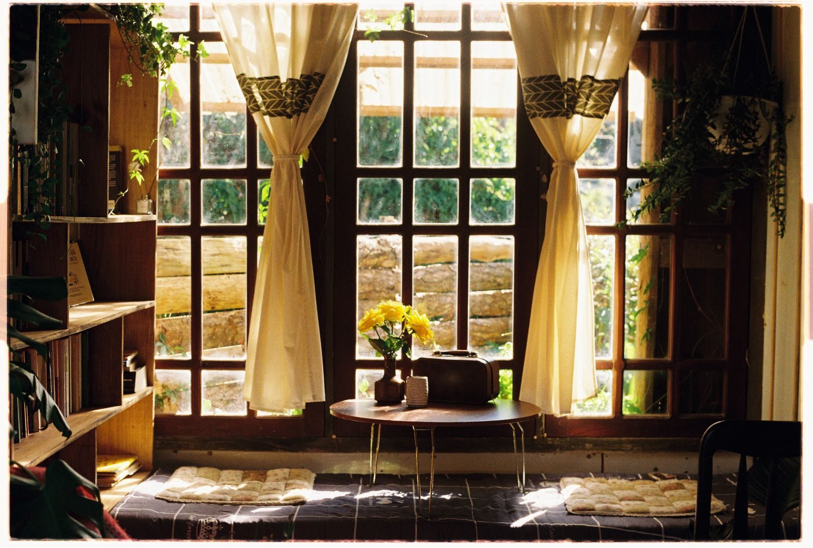 A warm and inviting living room featuring large windows, wooden furniture, and natural light streaming through curtains.