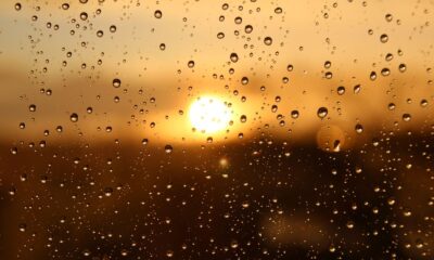 Close-up of raindrops on a window with a stunning golden sunset in the background.