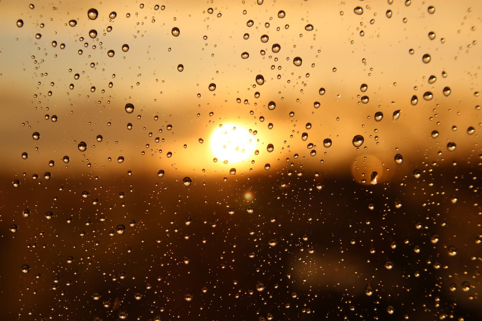 Close-up of raindrops on a window with a stunning golden sunset in the background.