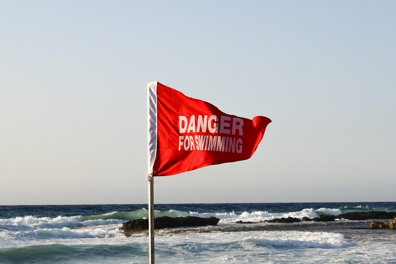 red flag, warning, danger, rough sea, nature, caution, beach, wind, dangerous, safety, waves, alert, risk, attention