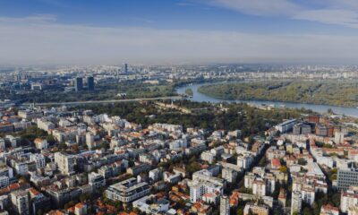 Stunning aerial view of Belgrade cityscape with the Danube river and city skyline in Serbia.