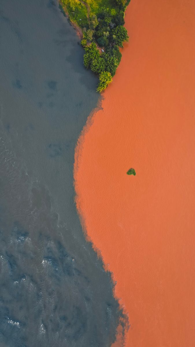 Stunning aerial view of two rivers converging, one red and one blue, with lush greenery.