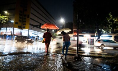 Pedestrians with umbrellas walking in the rain at night on an urban street.