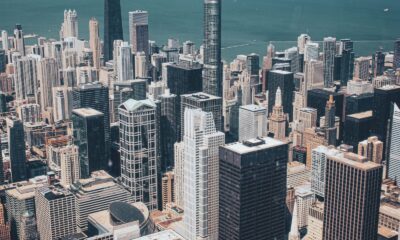 Stunning aerial view of Chicago's skyline showcasing modern skyscrapers against Lake Michigan.