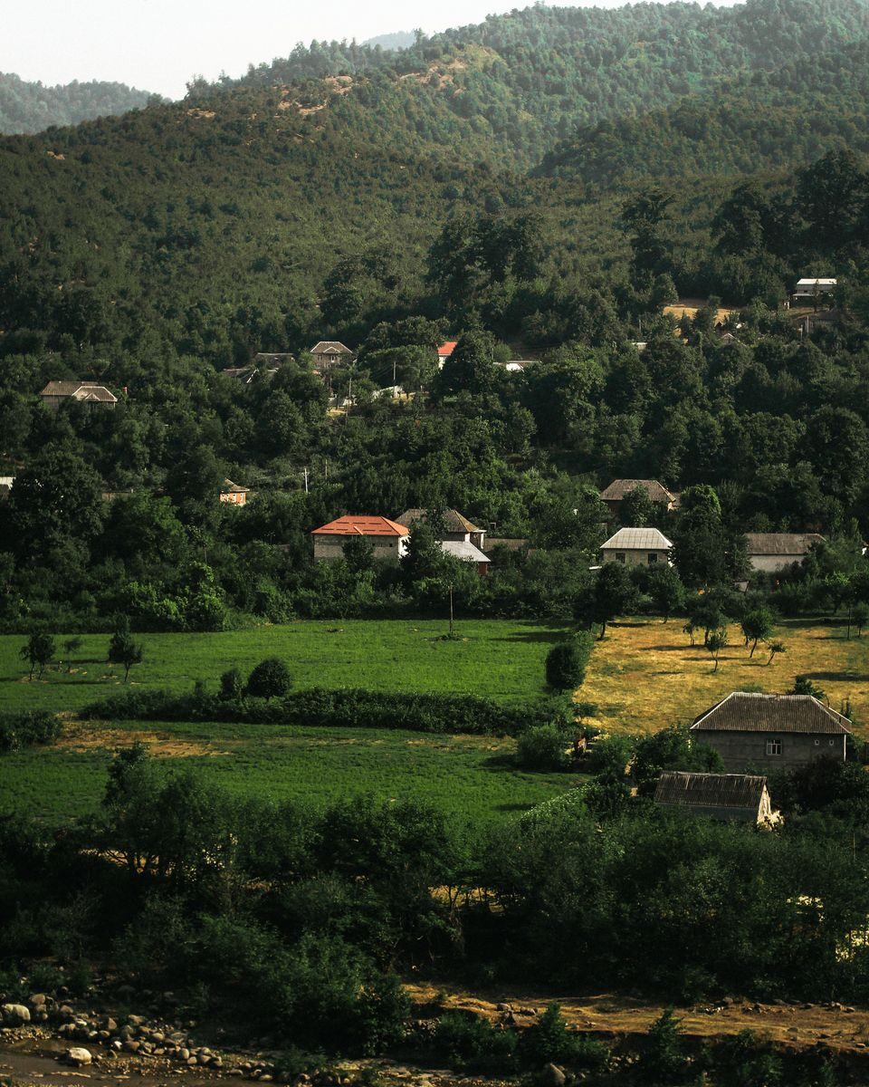 A picturesque village nestled among verdant hills and dense forests, showcasing rural beauty.